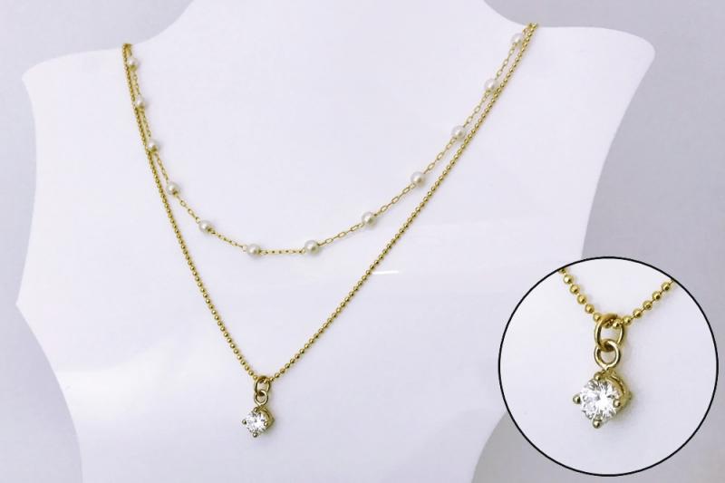 [Ozel] Layered Glossy Brass Pearl Cubic Necklace