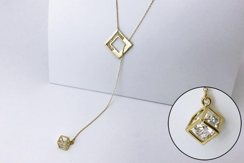 [Ozel] Delicate fit glossy brass cubic zirconia necklace