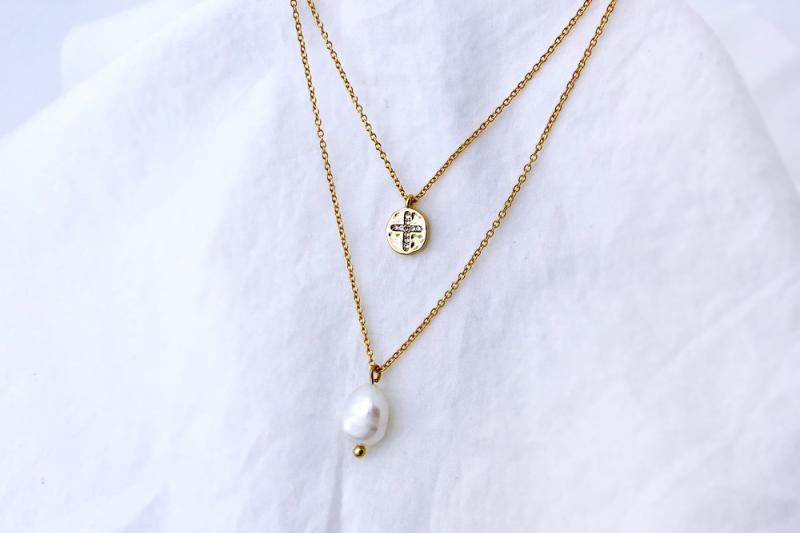 [Ozel] Wedding Guest Look Glossy Brass Pearl Cubic Necklace