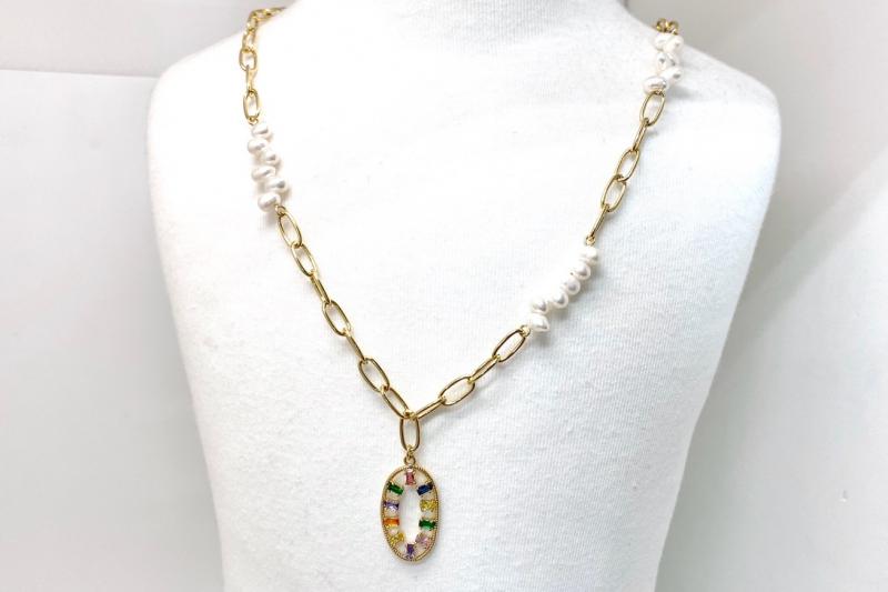 [Ozel] Wedding Guest Look Glossy Brass Pearl Cubic Necklace