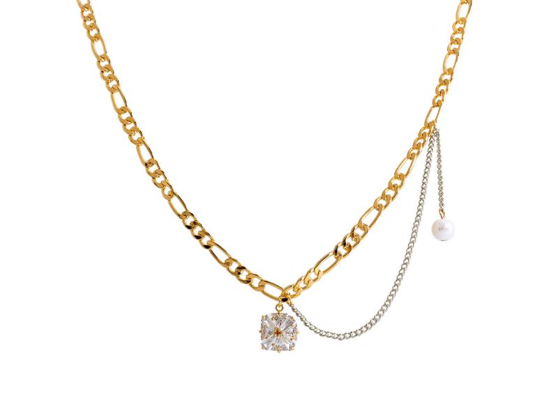 [Ozel] Shiny BRASS/STEEL/ACRYLIC Pearl/Cubic Zirconia Necklace