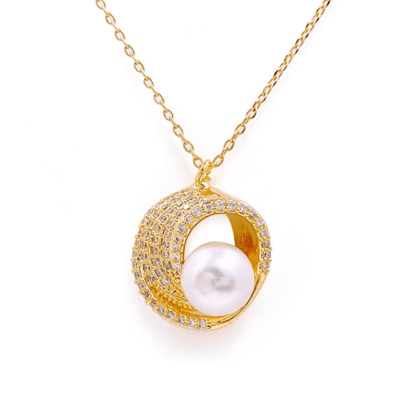 [Ozel] Shiny BRASS Pearl/Cubic Zirconia Necklace