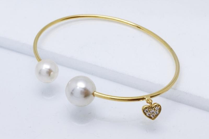 [Ozel] Daily accent glossy brass pearl cubic zirconia bracelet