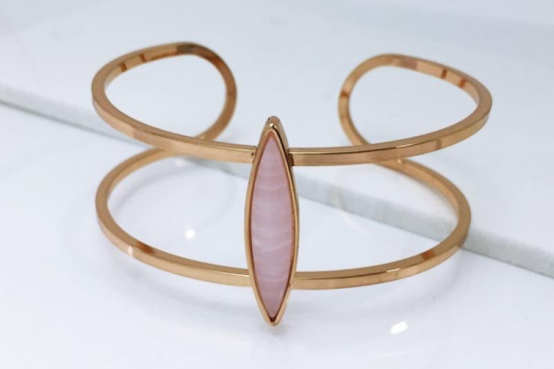 [Ozel] Daily Point Glossy Rose Quartz Gemstone Brass Bracelet