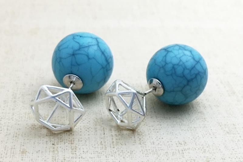 ] Delicate Fit Glossy Turquoise Gemstone Brass Earrings