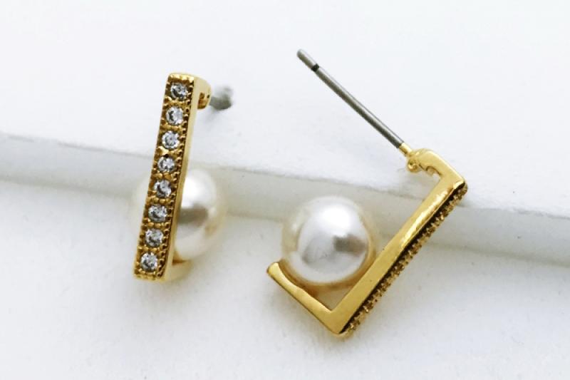 [Ozel] Shiny BRASS Pearl/Cubic Zirconia Earring