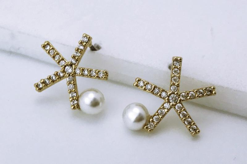 [Ozel] Shiny BRASS Pearl/Cubic Zirconia Earring