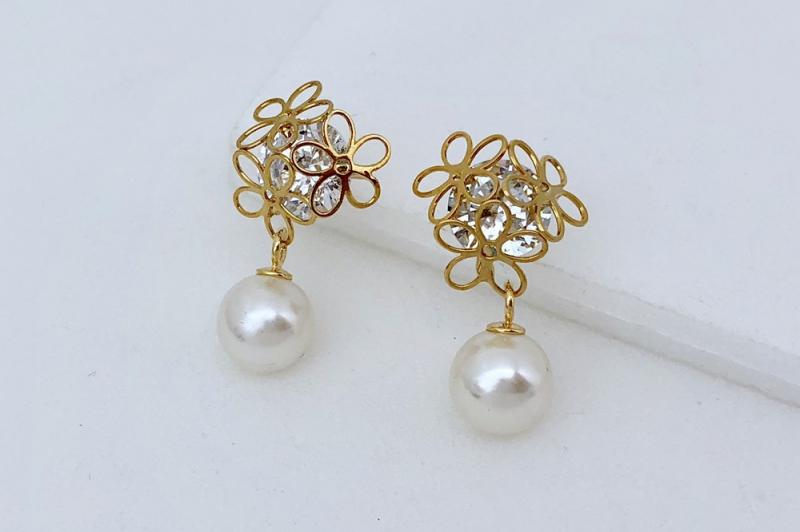 [Ozel] Casual Mood Glossy Brass Pearl Cubic Earrings