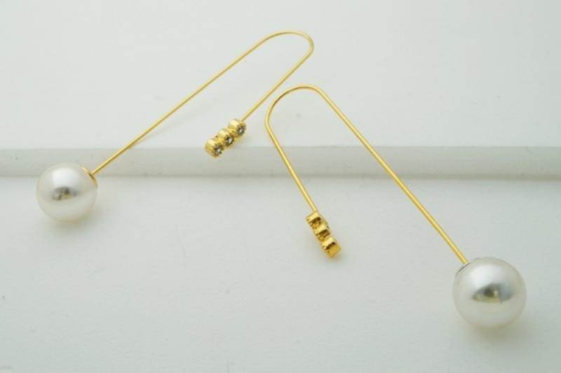 [Ozel] Daily Point Glossy Brass Pearl Cubic Earrings