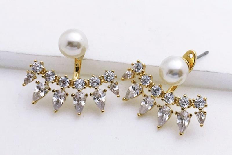 [Ozel] Daily Point Glossy Brass Pearl Cubic Earrings
