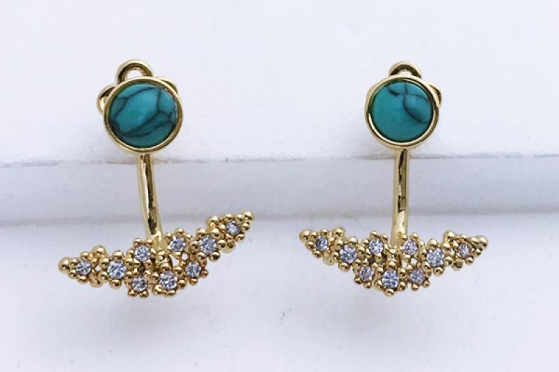 [Ozel] Stylish Glossy Turquoise Gemstone Brass Cubic Earrings
