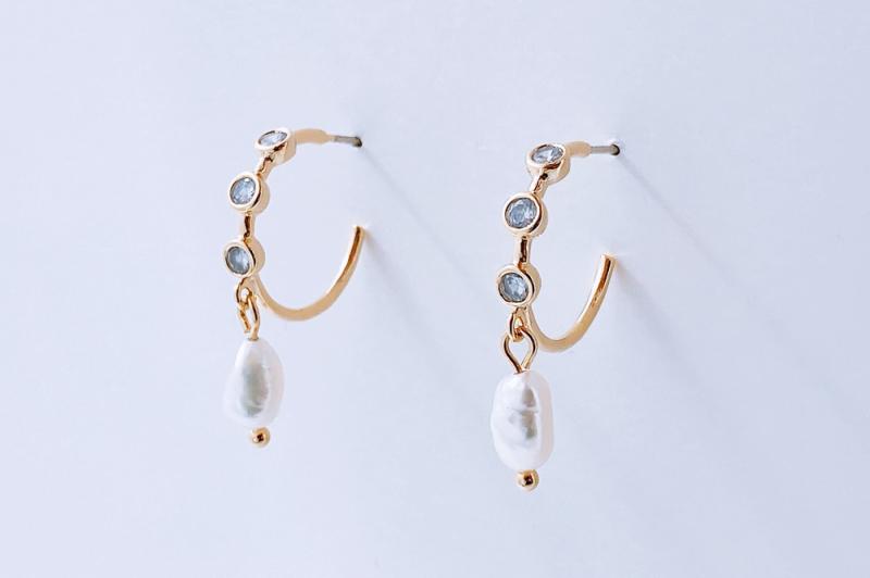 [Ozel] Shiny BRASS Freshwater Pearl/Cubic Zirconia Earring