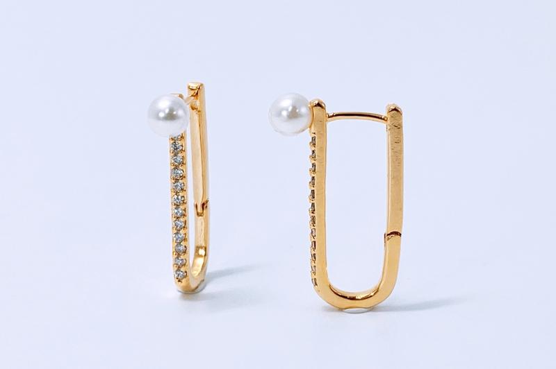 [Ozel] Shiny BRASS/ACRYLIC Pearl/Cubic Zirconia Earring