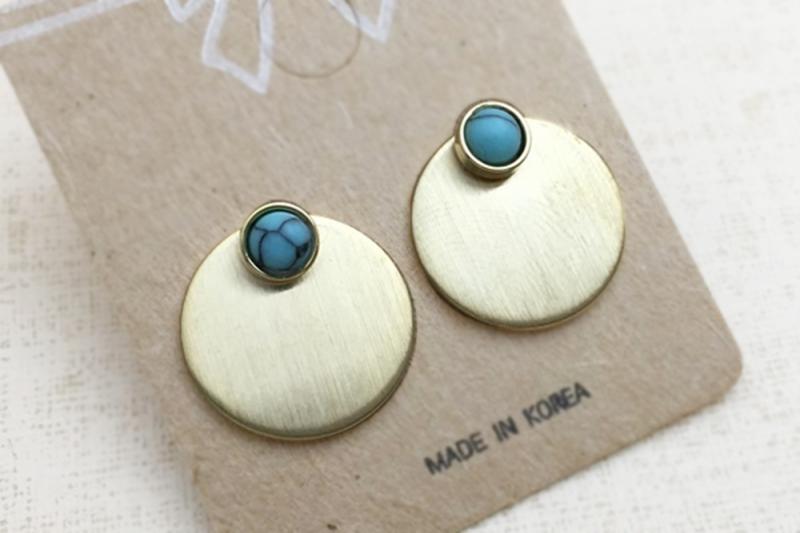 [Ozel] Simple Minimal Matte Turquoise Gemstone Brass Earrings