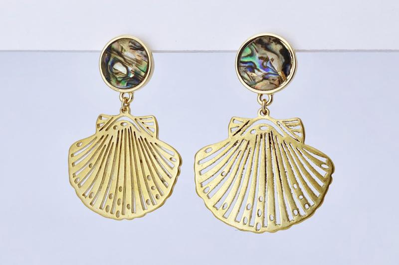 [Ozel] Point Look Vintage Plated Natural Abalone Shell Zinc Alloy Earrings