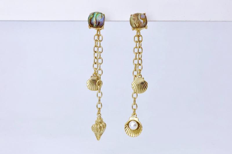 [Ozel] Feminine Glossy Chain Natural Abalone Shell Surgical Steel Pearl Zinc Alloy Earrings