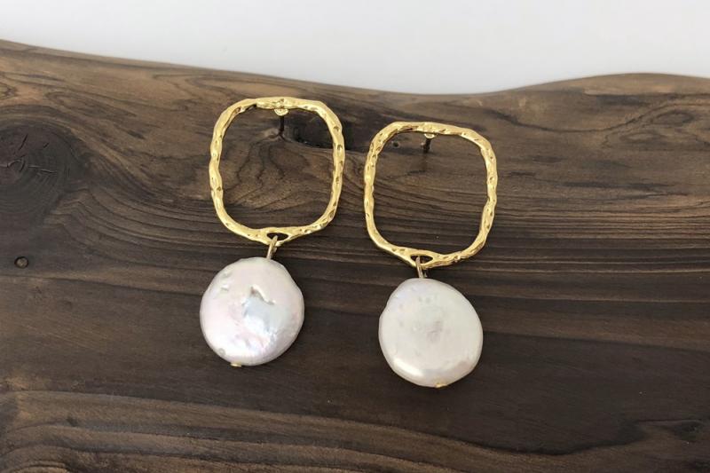 [Ozel] Simple Minimal Vintage Plated Freshwater Pearl Brass Earrings
