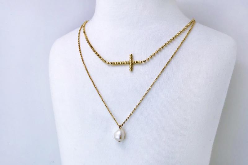 [Ozel] Daily Point Glossy Freshwater Pearl Brass Necklace