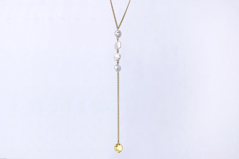 [Ozel] Vintage Vibe Glossy Freshwater Pearl Brass Necklace