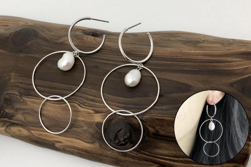 [Ozel] Daily Point Glossy Wire Freshwater Pearl Brass Earrings