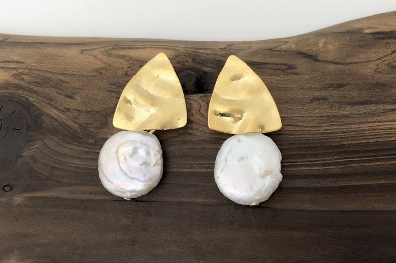 Brass Earrings [Ozel] Casual Mood Vintage Plated Freshwater Pearl Brass Earrings