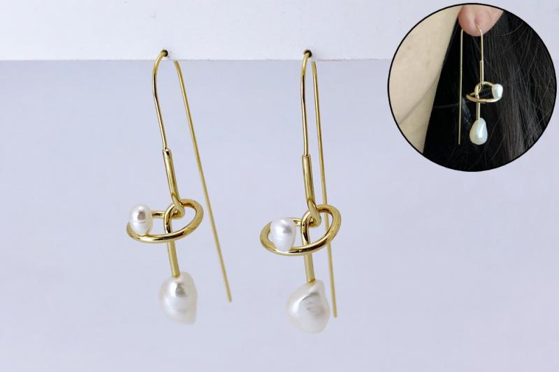 [Ozel] Delicate Fit Glossy Freshwater Pearl Brass Earrings