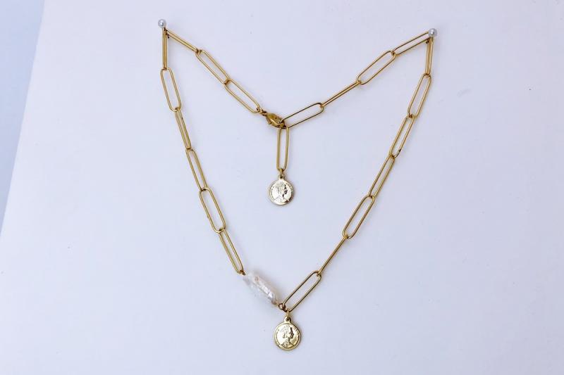 [Ozel] Luxurious Glossy Coin Freshwater Pearl Brass Necklace