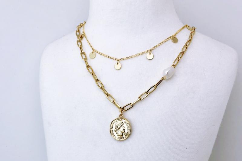 [Ozel] Casual Mood Glossy Coin Freshwater Pearl Brass Necklace