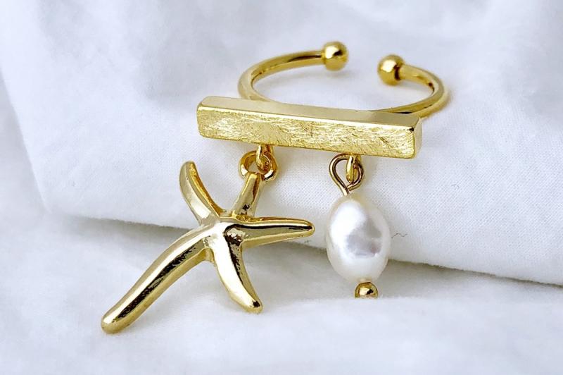 [Ozel] Chic Point Asymmetrical Curve Glossy Freshwater Pearl Brass Zinc Alloy Ring